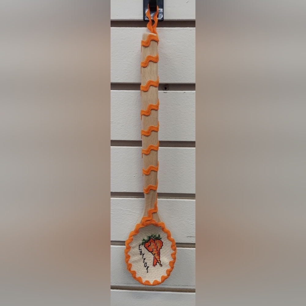 Handmade Wooden Spoon  kitchen Decor Cross Stitching Carrot 13.5"
